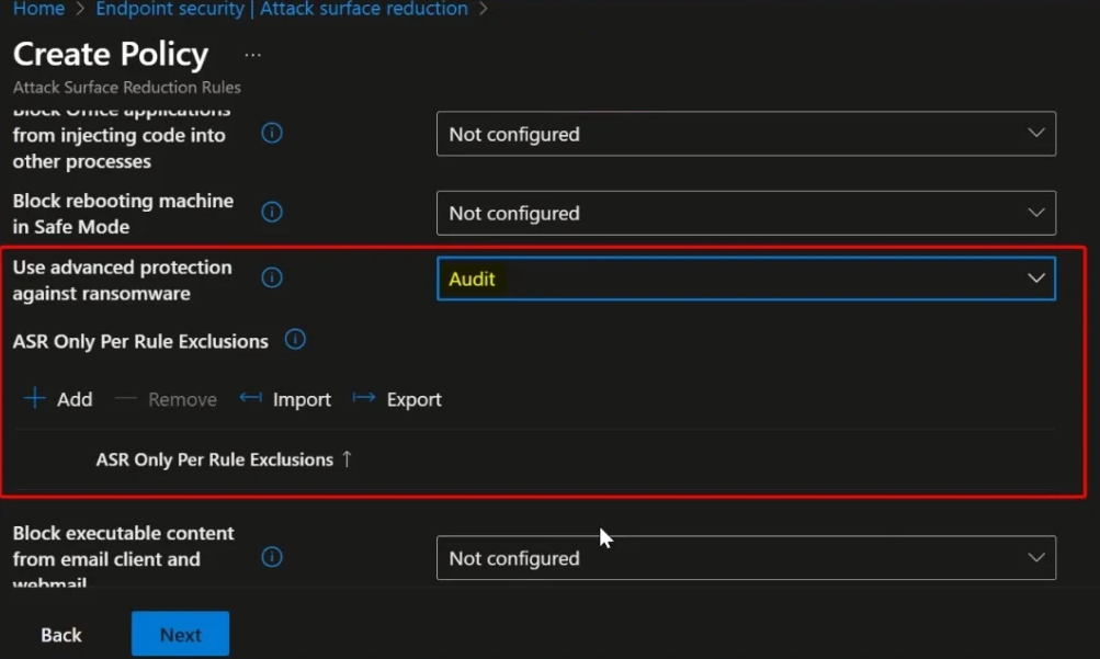 Selecting Audit mode for the ransomware ASR rule